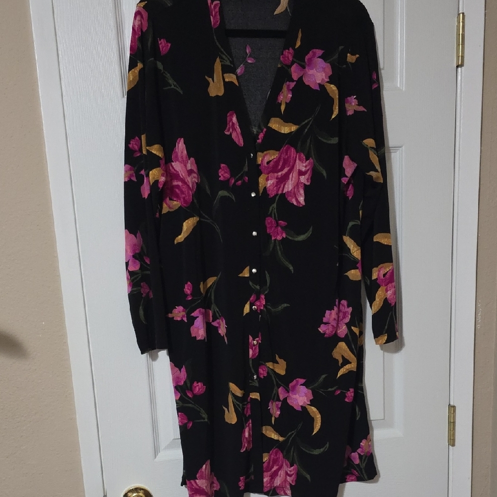 Susan Graver Black Dress with Pink and Gold Floral Design Size 1X EUC